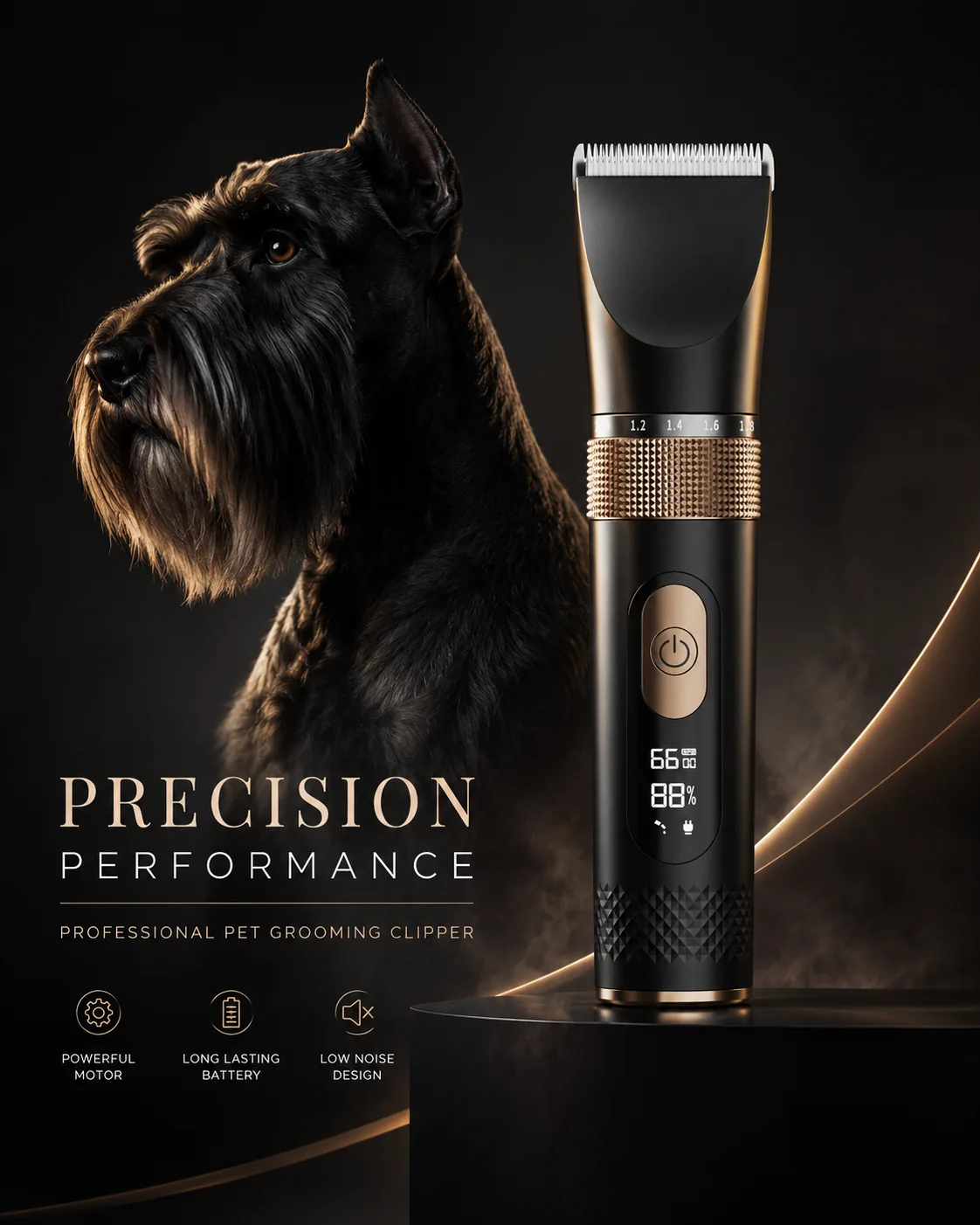 PETIMAO grooming clipper presented beside a black dog