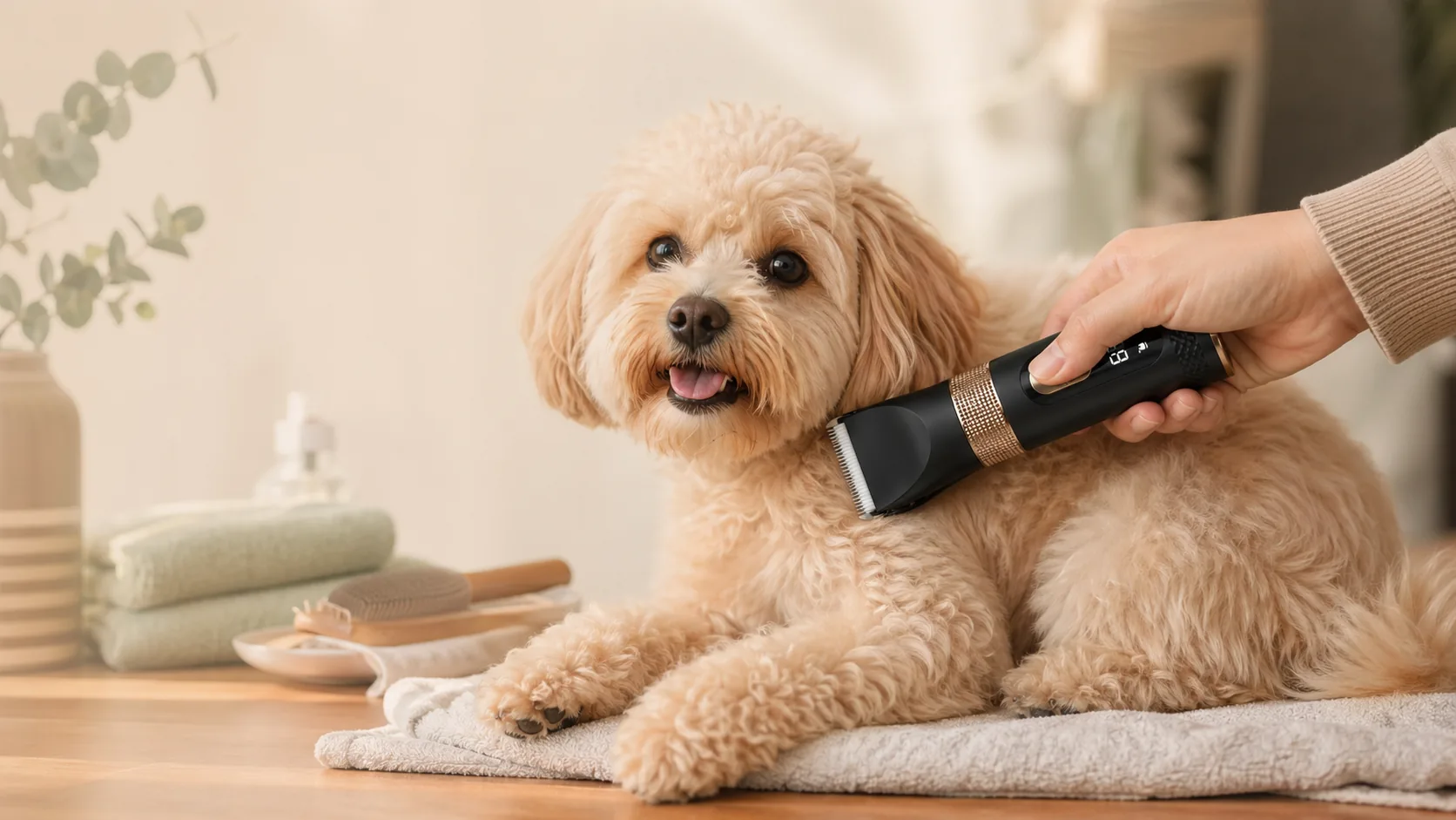 Calm dog being groomed at home with PETIMAO clipper
