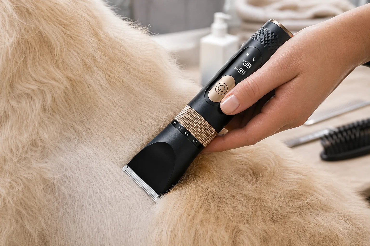 Close-up of PETIMAO clipper moving through thick pet fur